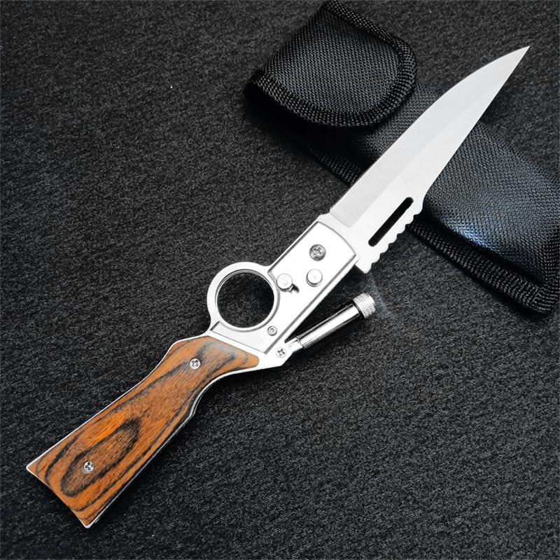 AK47 Flipper Pocket Folding Knife with Push Button Lock, Stainless Steel Blade, Wooden Handle and Pocket Clip, Portable LED Light Knife for Men's Gift, Camping Survival EDC