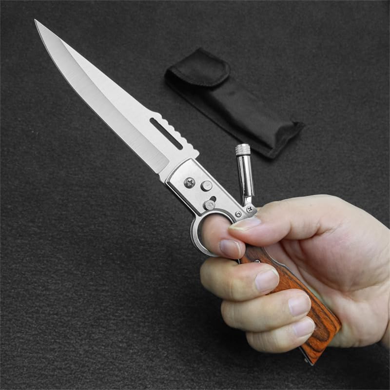 AK47 Flipper Pocket Folding Knife with Push Button Lock, Stainless Steel Blade, Wooden Handle and Pocket Clip, Portable LED Light Knife for Men's Gift, Camping Survival EDC