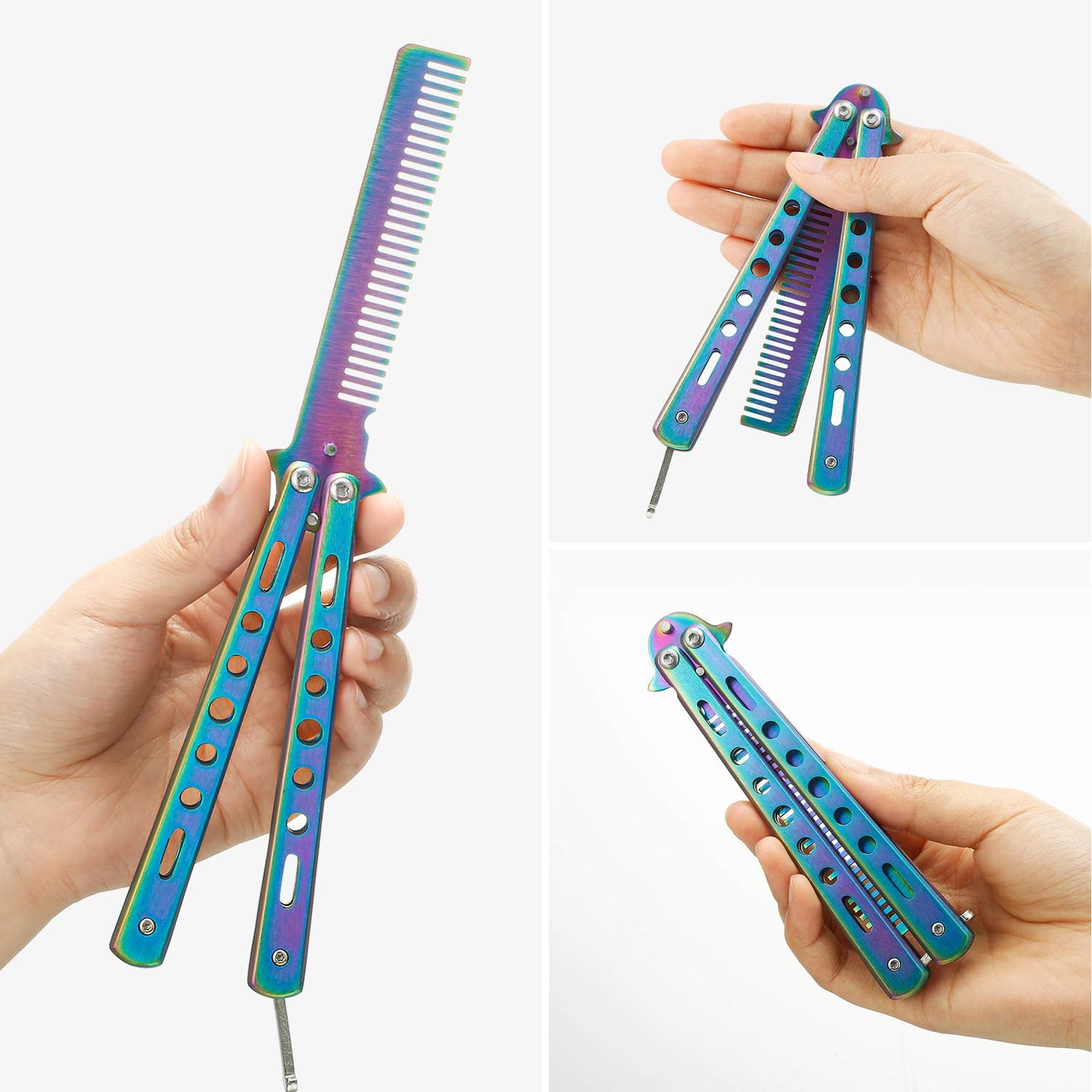 （Barison）Butterfly knife-shaped stainless steel folding comb, a hair styling tool. It's a two-in-one tool that can be used for both practicing styling techniques and combing hair.