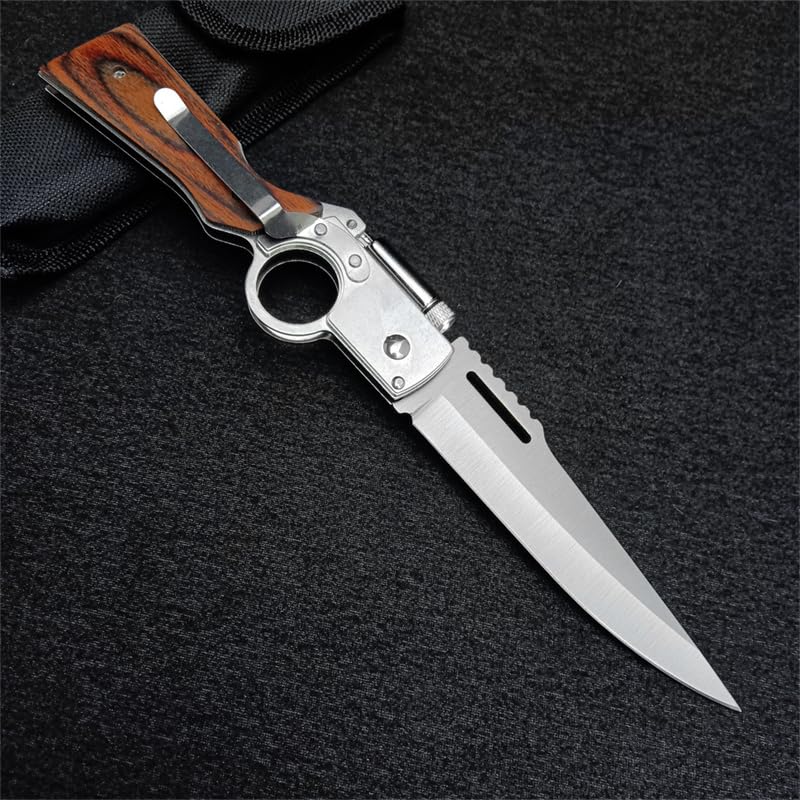 AK47 Flipper Pocket Folding Knife with Push Button Lock, Stainless Steel Blade, Wooden Handle and Pocket Clip, Portable LED Light Knife for Men's Gift, Camping Survival EDC