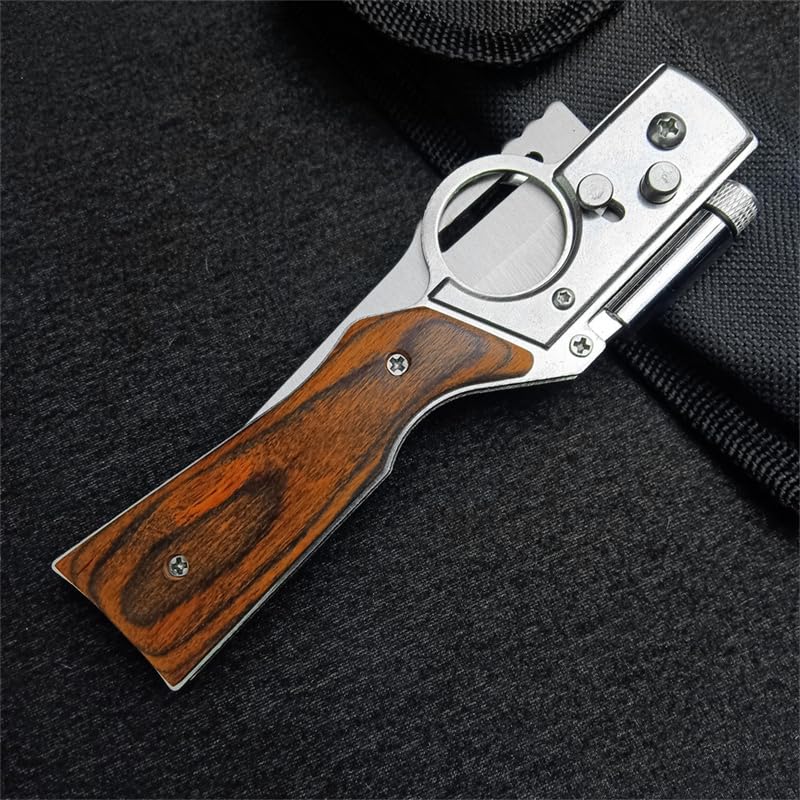 AK47 Flipper Pocket Folding Knife with Push Button Lock, Stainless Steel Blade, Wooden Handle and Pocket Clip, Portable LED Light Knife for Men's Gift, Camping Survival EDC