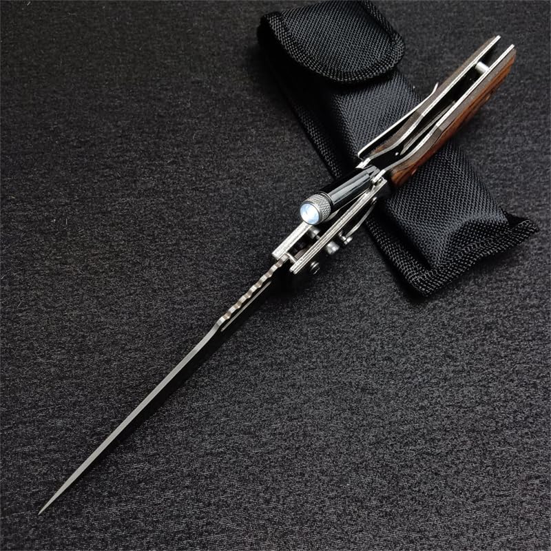 AK47 Flipper Pocket Folding Knife with Push Button Lock, Stainless Steel Blade, Wooden Handle and Pocket Clip, Portable LED Light Knife for Men's Gift, Camping Survival EDC