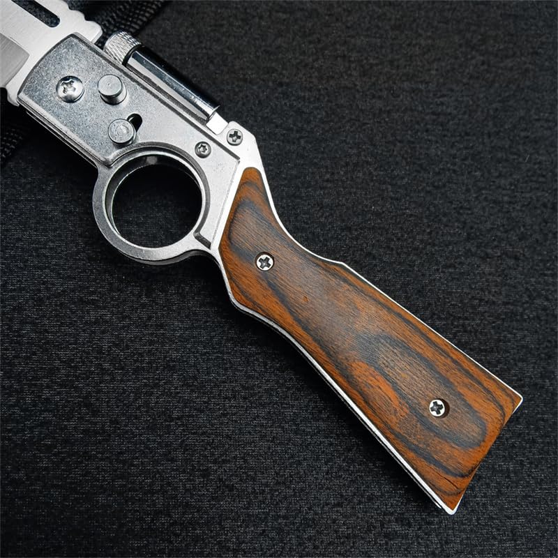 AK47 Flipper Pocket Folding Knife with Push Button Lock, Stainless Steel Blade, Wooden Handle and Pocket Clip, Portable LED Light Knife for Men's Gift, Camping Survival EDC