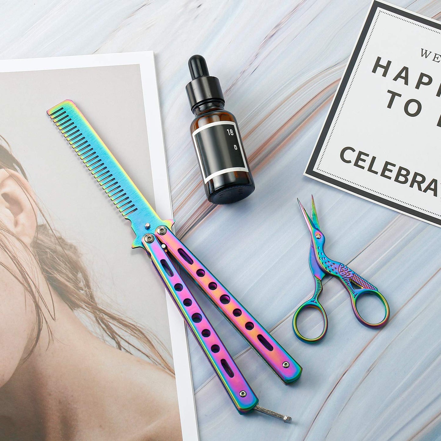 （Barison）Butterfly knife-shaped stainless steel folding comb, a hair styling tool. It's a two-in-one tool that can be used for both practicing styling techniques and combing hair.