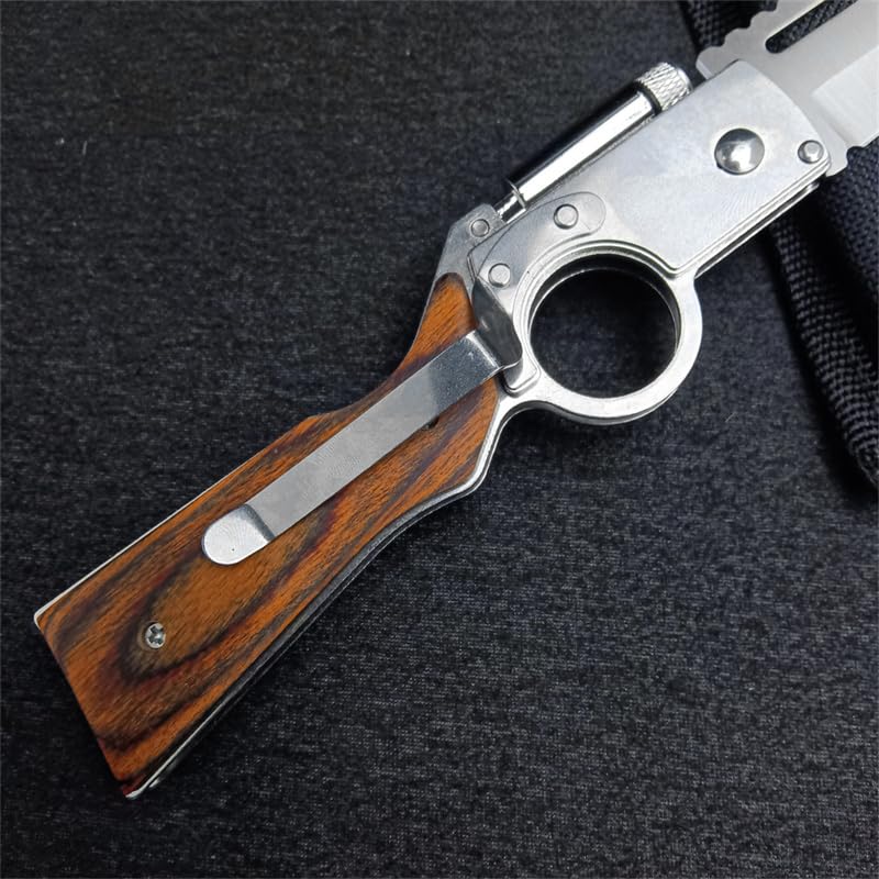 AK47 Flipper Pocket Folding Knife with Push Button Lock, Stainless Steel Blade, Wooden Handle and Pocket Clip, Portable LED Light Knife for Men's Gift, Camping Survival EDC