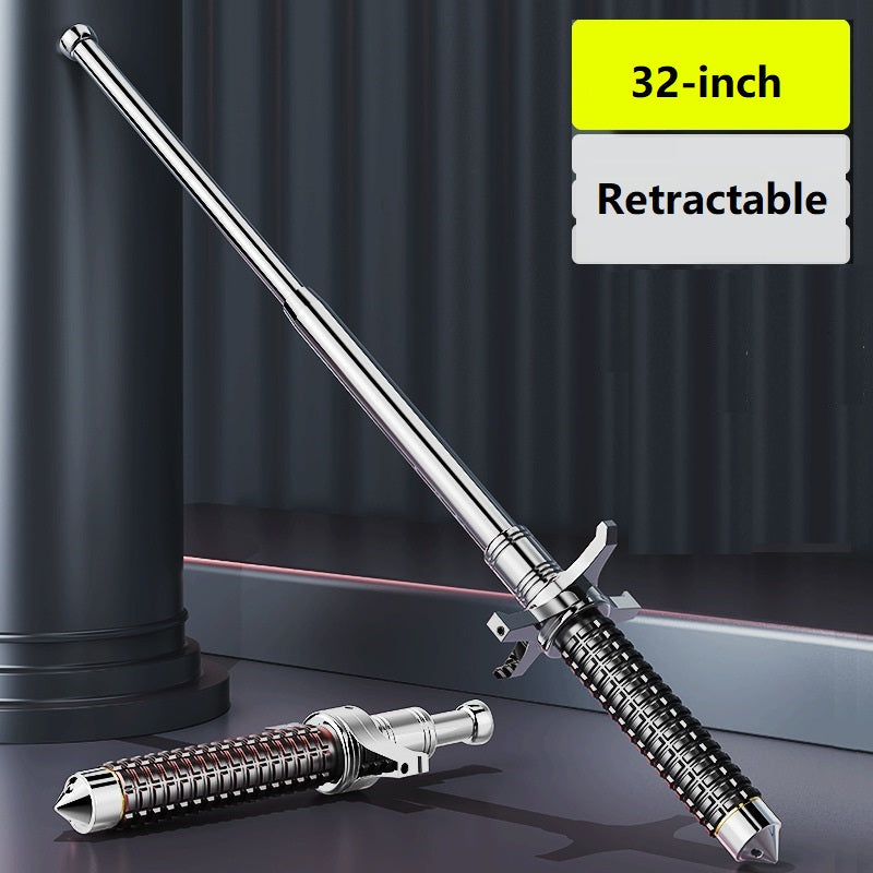 26-inch telescopic steel baton with crossguard and window-breaking device, suitable for self-defense and survival