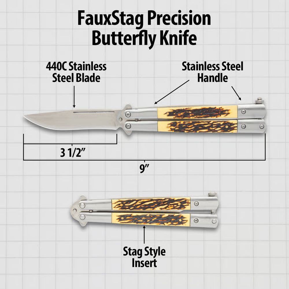 FauxStag Precision Butterfly Knife - 9 Inches Total Length, 440C Stainless Steel Blade