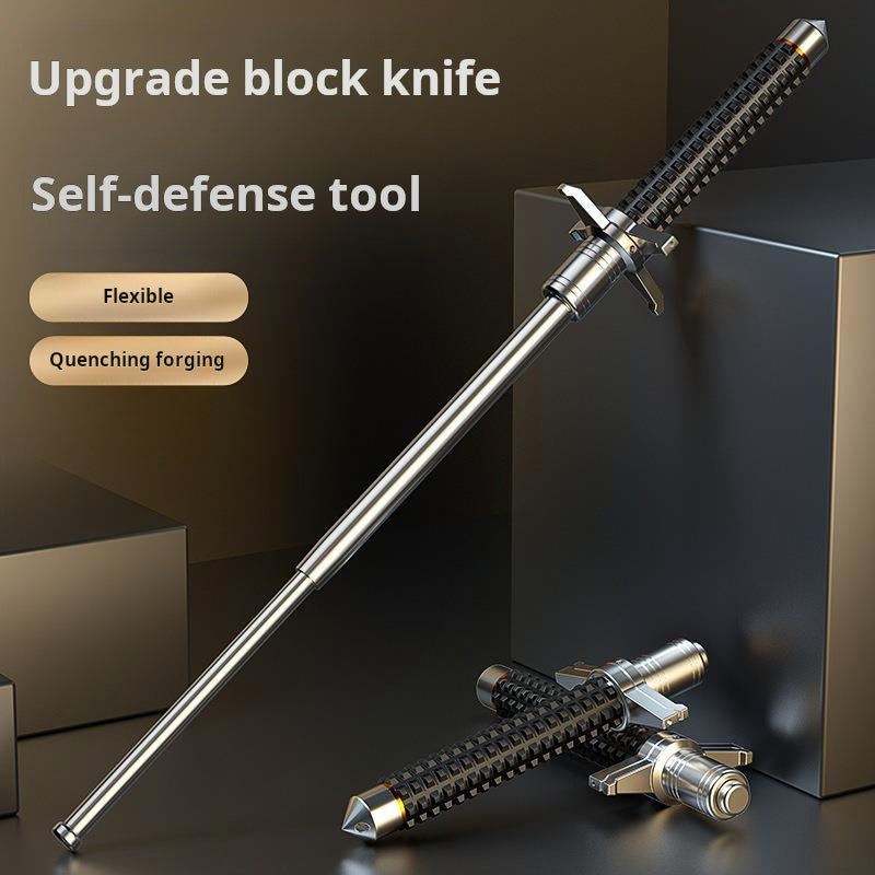 26-inch telescopic steel baton with crossguard and window-breaking device, suitable for self-defense and survival